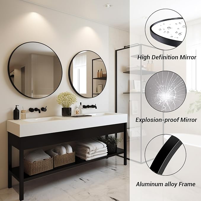 Circle Mirror 26 inch, Black Round Mirror, Round Bathroom Mirrors Metal Frame, Circle Mirrors for Living Room, Bathroom, Wall, Hallway.