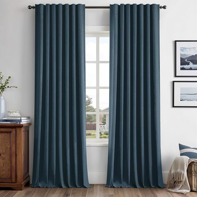 MIULEE 100% Blackout Linen Curtains 42 x 96 Inch Navy Blue 2 Panels | Thermal by MIULEE