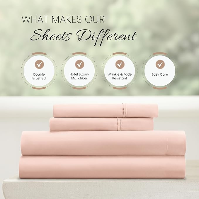 Linen Market Double-Brushed Microfiber California King Sheet Set 4 Piece – Oeko-TEX Certified Ultra Soft & Wrinkle-Free - 16" Deep Pocket Sheets Easy Care Cal-King Size - Blush