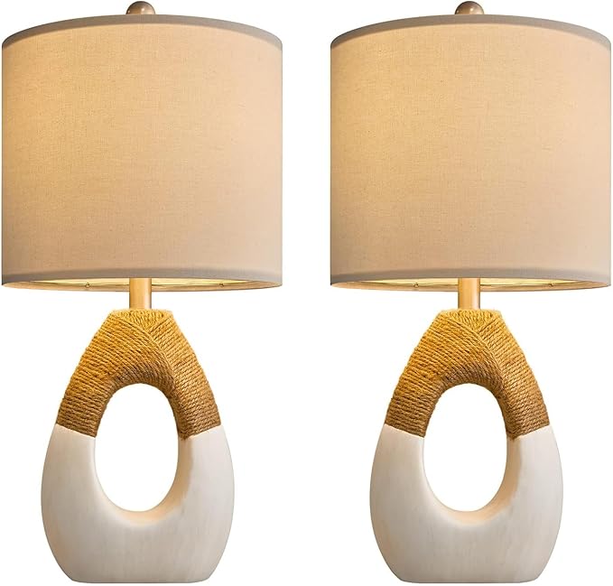 OYEARS Boho Table Lamps Bedroom Living Room Set 2 Small Farmhouse Rattan Table Lamp 19”Rustic Home Decoration Nightstand Bedside Lamp for Office Compatible with Smart Light Bulbs(Not Include Bulbs)