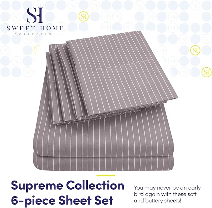 Cal King Size Bed Sheets - 6 Piece 1500 Supreme Collection Fine Brushed Microfiber Deep Pocket California King Sheet Set Bedding - 2 Extra Pillow Cases, Great Value, California King, Pinstripe Gray