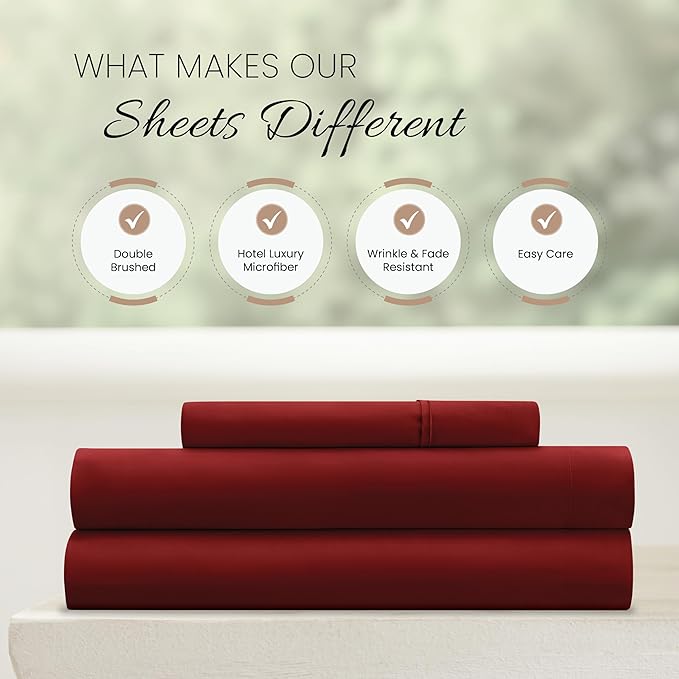 Linen Market Brushed Microfiber Twin XL Sheet Set 3 Piece – Oeko-TEX Certified Ultra Soft & Wrinkle-Free - 16" Deep Pocket Sheets - Easy Care Twin XL Size - Burgundy