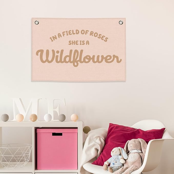 Pink Girls Kids Banner Canvas, Preppy Girly Toddler Room Decor, Inspirational She Is A Wildflower Hanging Flag Sign, Nursery Wall Tapestry Art for Baby Shower Playroom Bedroom Decor 20x30in
