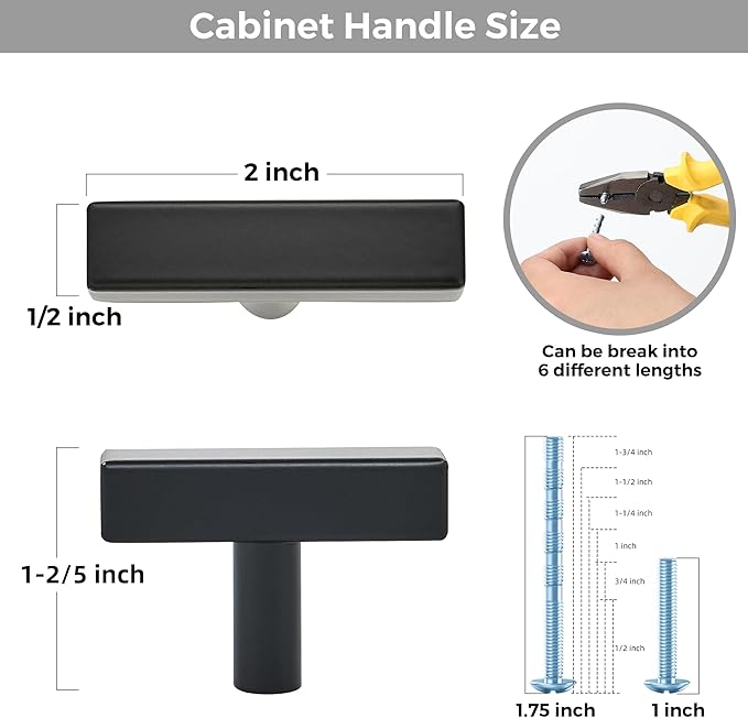 10 Pack Black Cabinet Knobs - Sqaure Bar Cabinet Pulls Matte Black Knobs for Kitchen Drawer Stainless Steel Dresser Hardware 2in Length Single Hole