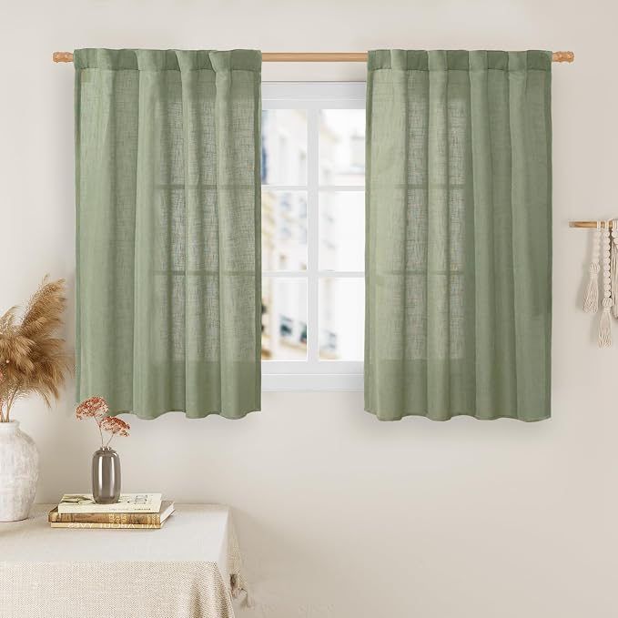 Sage Green Semi Sheer Window Linen Curtains, 34 x 54 Inch | 54 Inch Length by LAMIT