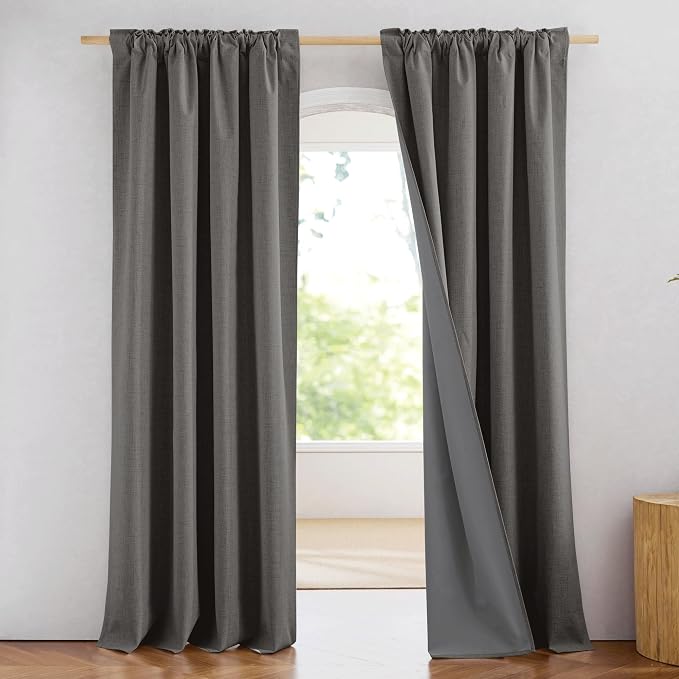 NICETOWN Grizzle Gray Linen 100% Blackout Curtains - Image 2