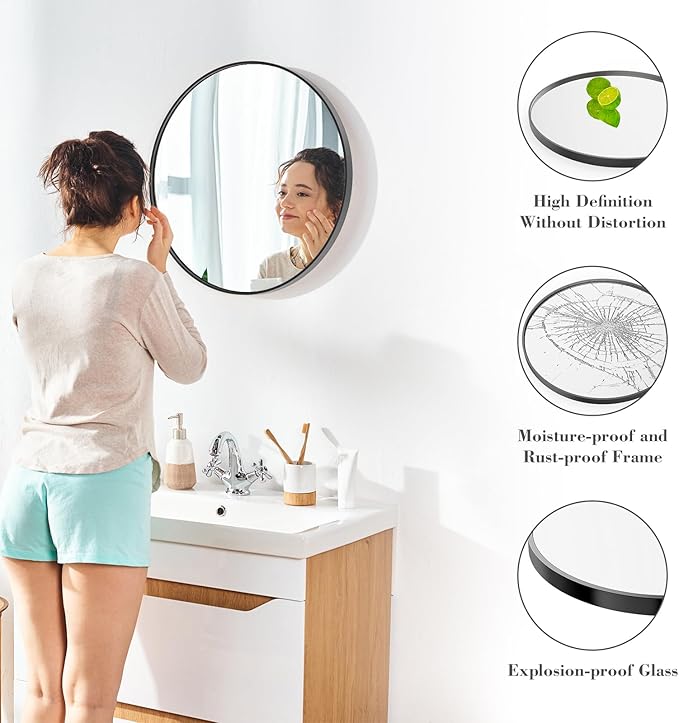 Sweetcrispy 24in Round Bathroom Mirrors for Wall, Bathroom Mirrors for Over Sink, Wall Decor for Bathroom, Entryway, Bedroom, Vanity, Classical Black