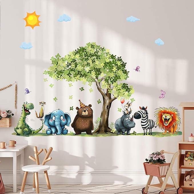 Jungle Animal Wall Stickers Forest Safari Wall Decals Kid Room Nursery Baby Bedroom Décor (Tree Cartoon Animals)