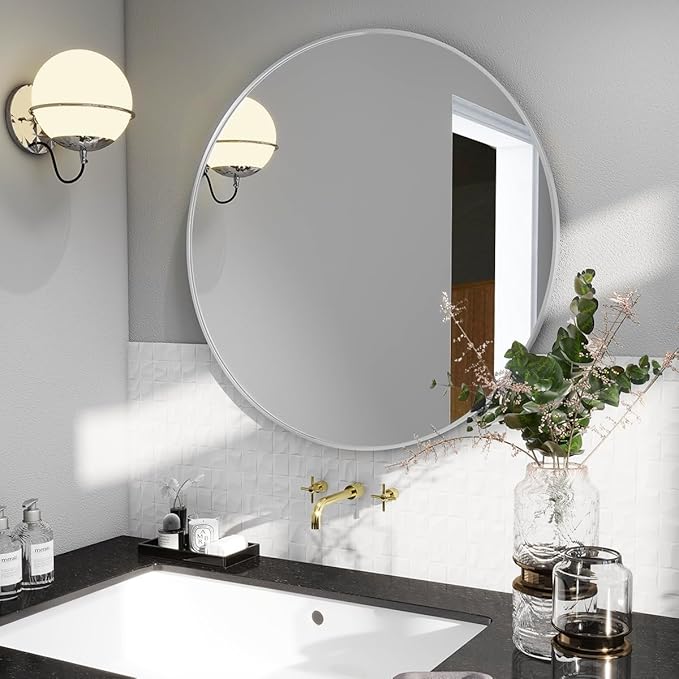 BEAUTYPEAK 24 Inch Round Mirror, Metal Frame Circle Mirror, Wall Mounted for Entryway, Bathroom, Vanity, Living Room, White