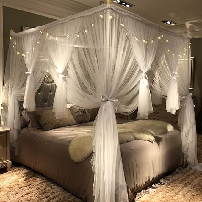 Joyreap 4 Corners Post Canopy Bed Curtain for Girls & Adults - Royal Luxurious Cozy Drapes - Cute Princess Bedroom Decoration Accessories (White, Full/Queen)