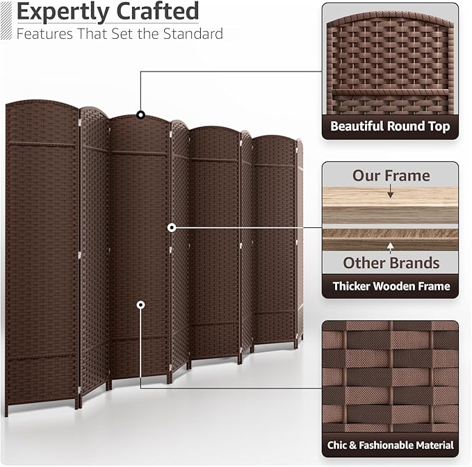 Sorbus 8 Panel Room Divider 6 ft. Tall - Privacy Screen, Extra Wide Double Hinged Panels, Mesh Hand-Woven Design, Partition Room Dividers and Folding Privacy Screens, Wall Divider for Room Separation