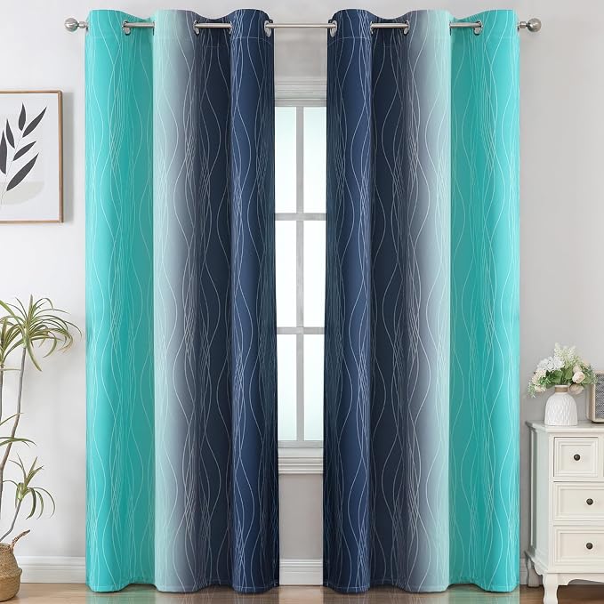 Navy Blue and Teal Gradient Blackout Curtains - Image 2