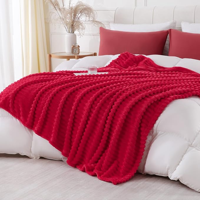 Cherry Red Throw Blanket for Couch Sofa 50x60 inches Striped Design | Fleece - Image 3