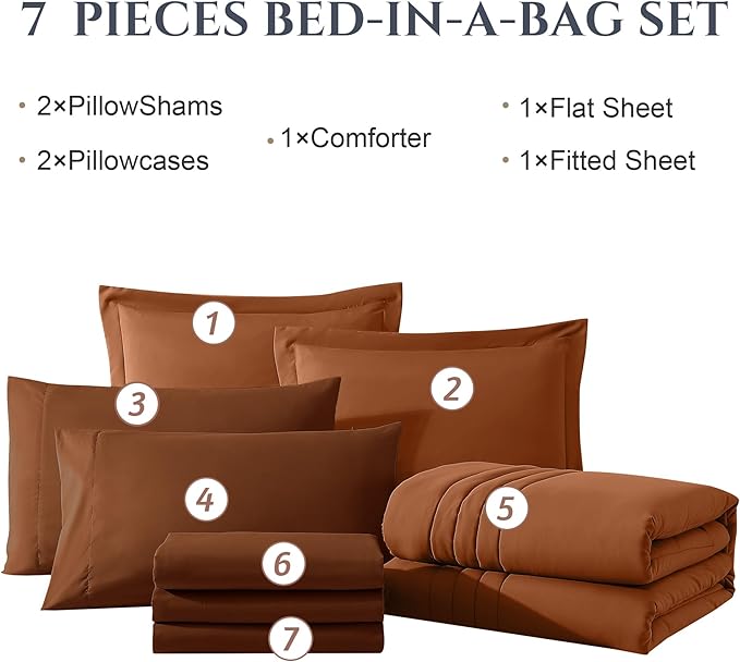 Monbix Oversized Queen Comforter Set - 7 Pieces Burnt Orange Bed in a Bag Queen Bedding Sets with Comforters, All Seasons Down Alternative Comforter Bed Set with Sheets,Pillowcases & Shams