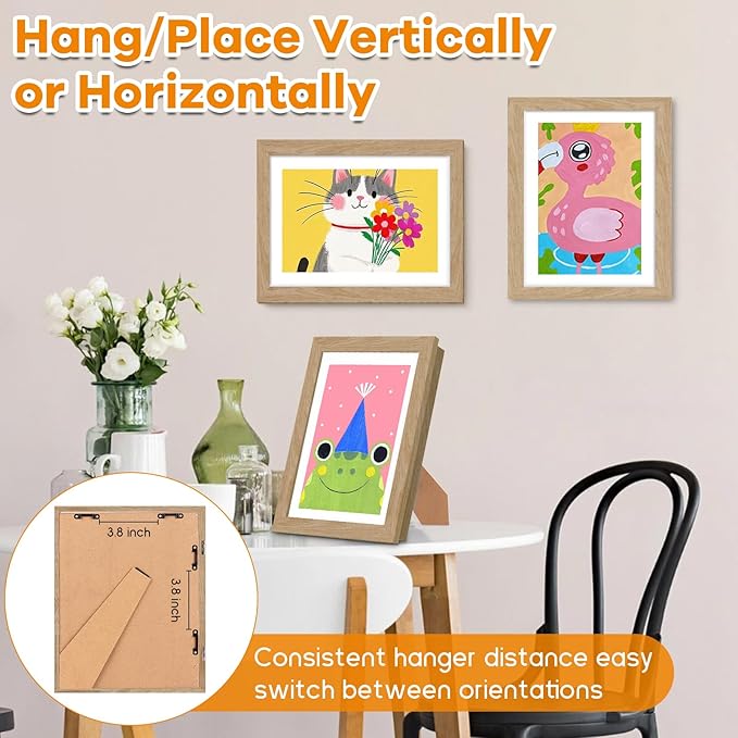 8 Pack Kids Artwork Frames Changeable 8.5 x 11 Inch Children Art Projects Kids Art Frames Front Opening Picture Display Frame, Wood