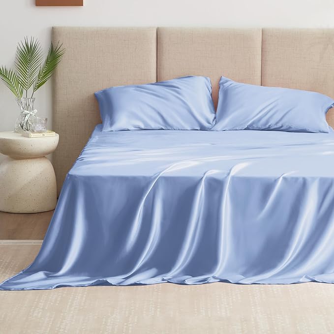 Love's cabin Full Size Satin Sheet Sets - 4 Piece Sky Blue Silky Sheet Set Full with Deep Pocket, Luxury Silk Feel Bed Sheets Full Bedding Set (1 Flat Sheet,1 Fitted Sheet,2 Pillow Cases)