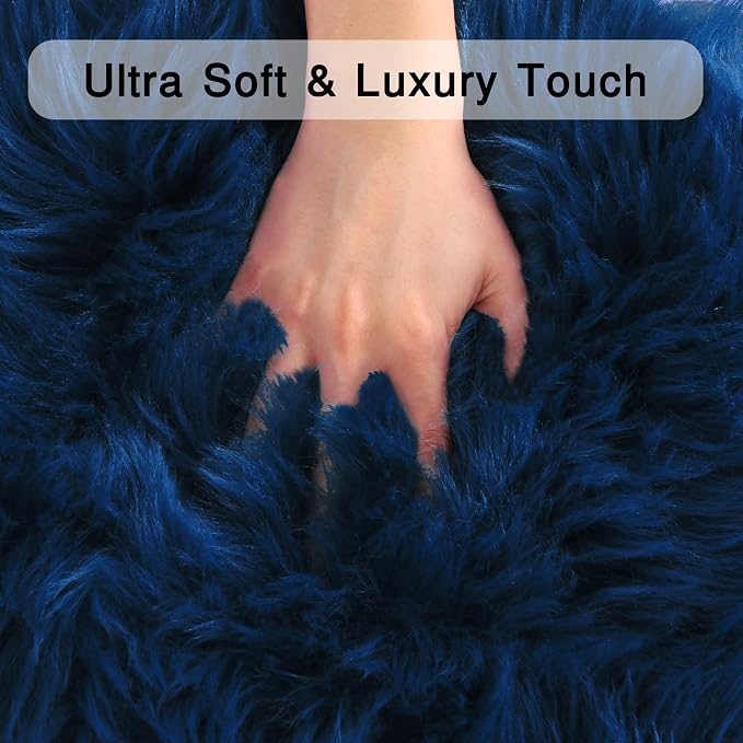 Navy Blue Faux Sheepskin Throw Rug 2x3 ft, Small Fluffy Fur Chair Cover | Shag - Image 4