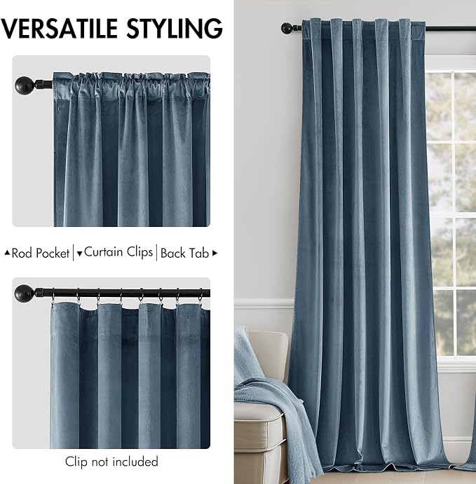 MIULEE Velvet Curtains 52x84 inches 2 Panels Stone Blue Blackout Curtains | - Image 2