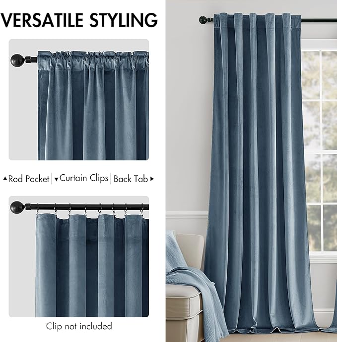 MIULEE Velvet Curtains 52x90 inches 2 Panels Stone Blue Blackout Curtains | - Image 2