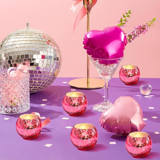 LAMORGIFT 12 Pcs Hot Pink Candle Holders for Barbie Birthday Party Decorations- Summer Bridal Shower Decorations, Votive Candle Holders for Wedding, Pink Candle Centerpieces for Disco, Cowgirl Party