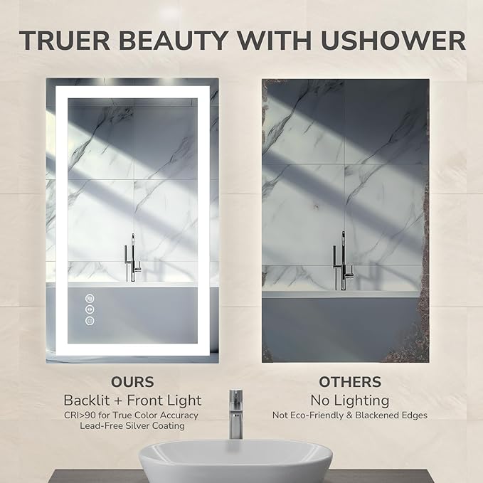 USHOWER LED Bathroom Mirror 72x36 Inch Over Sink - Frameless Tempered Glass LED Backlit Lighted Mirror for Bathroom Vanity with Anti-Fog, 3 Colors Dimmable, Memory Function, Wall-Mounted