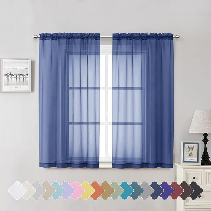 Royal Blue Sheer Curtains 54 Inch Length 2 Panels, Voile Light Filtering by Lecloud