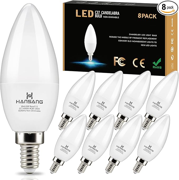 hansang 8 Pack E12 Candelabra LED Light Bulbs 4000K Natural Daylight, Small Base Type B Light Bulb for Chandelier, 6W 60Watt Equivalent, B11 Ceiling Fan Light Bulbs, 600LM, Non-dimmable