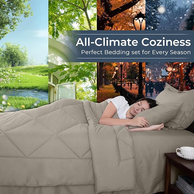 HEVUMYI Oatmeal Full Comforter Set - 7-Piece All Season Bed in a Bag Full, Ultra Soft Bedding Set with Comforter, Flat Sheet, Fitted Sheet, Pillowcases, Pillow Shams