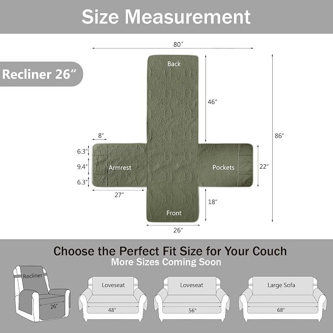 Green Recliner TV Chair Covers, Quilted Décor Water-Repellent Medium Lazy Boy - Image 7