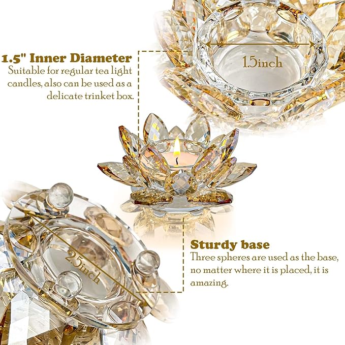 Crystal Lotus Flower Tealight Candle Holders/Glass Tea Light Candlestick Decor Decoration for Christmas Home Wedding Party… (1, Gold 2pcs)