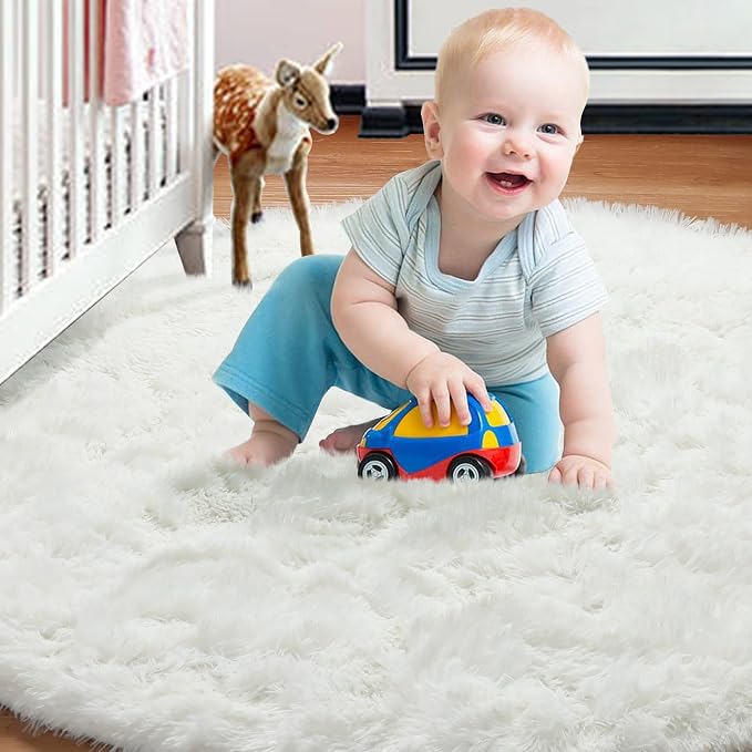 Cream White Round Area Rug 4ft, Fluffy Ultra Soft Bedroom Circle Rugs Floor Mat - Image 9