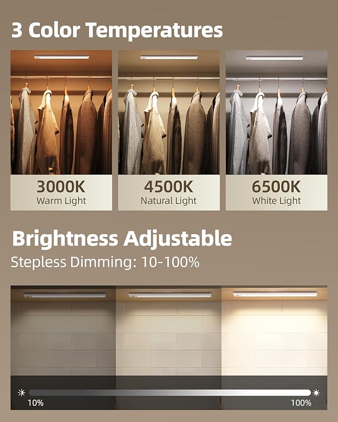 Under Cabinet Lighting Wireless,Rechargeable Battery Motion Sensor Light Indoor,LED Closet Lights USB Charging,3 Color Dimmable Under Cabinet Lights for Kitchen, Cabinet, Wardrobe (3 Pcs) 16inch