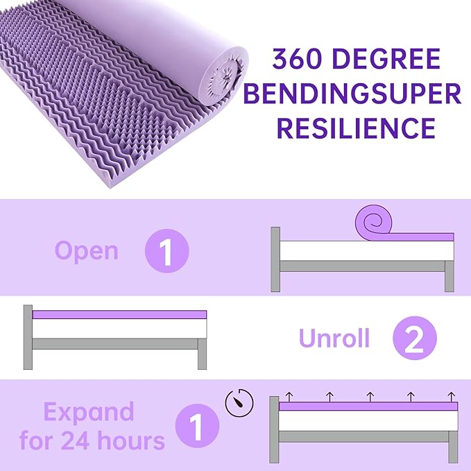 MUXHOMO 3-Inch King Mattress Topper, 7-Zone Egg Crate Foam for Back Pain Relief, Cooling Gel-Infused Lavender Bed Pad, CertiPUR-US & Oeko-TEX Certified