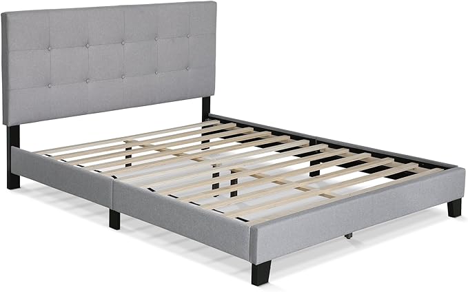 Furinno Laval Button Tufted Upholstered Platform Bed Frame, Queen, Glacier