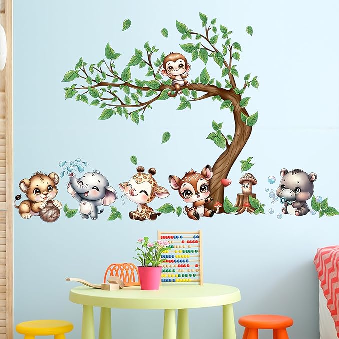 Jungle Animal Wall Stickers Forest Safari Wall Decals Kid Room Nursery Baby Bedroom Décor (Happy Animal Bending Tree)