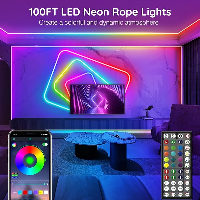AILBTON 100Ft Neon Rope Lights,Flexible Led Rope Lights Control with App/Remote,Multiple Modes Music Sync Gaming RGB Led Neon Lights for Bedroom Outdoor