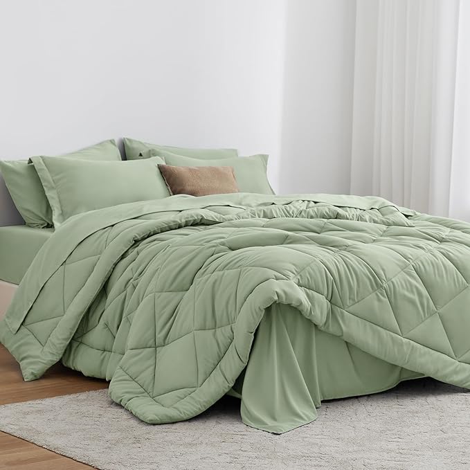 Love's cabin King Size Comforter Set Sage, 7 Pieces King Bed in a Bag, All Season Bedding Sets with 1 Comforter, 1 Flat Sheet, 1 Fitted Sheet, 2 Pillowcase and 2 Pillow Sham