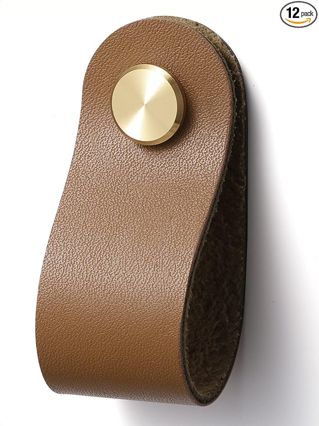 Brown Leather Drawer Pulls 12 Pack Leather Handles Cabinet knobs for Kitchen Cabinet Drawers Bathroom Dressers