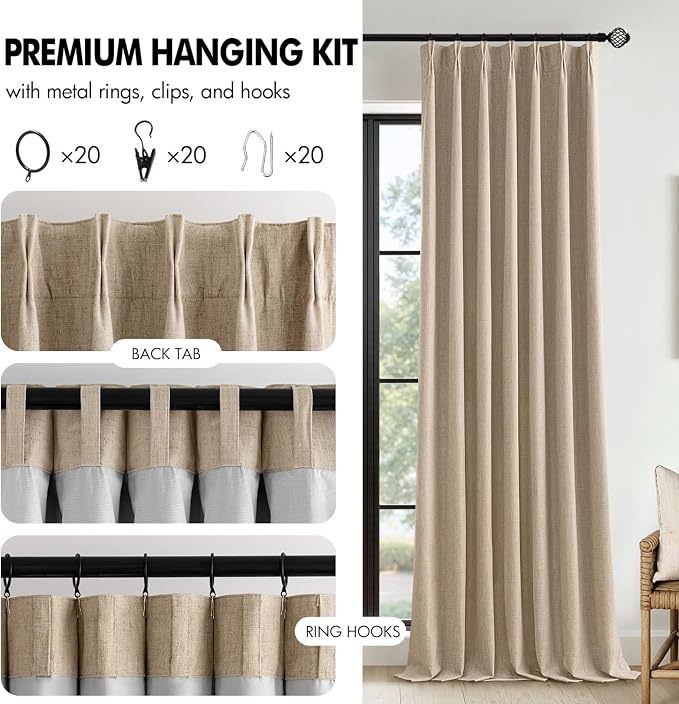 MIULEE Taupe Pinch Pleated 100% Blackout Linen Curtains 40x90 Inches | Room - Image 8