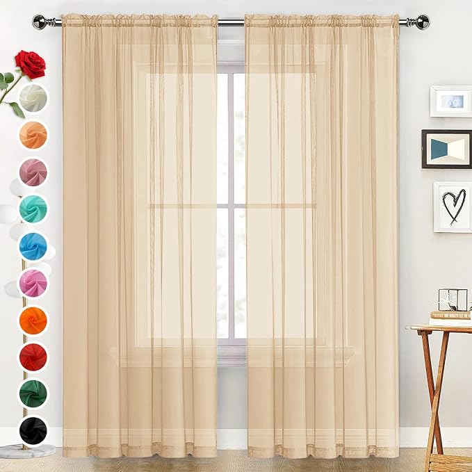 SpaceDresser Basic Rod Pocket Sheer Voile Window Curtain Panels Apricot 1 Pair by SpaceDresser