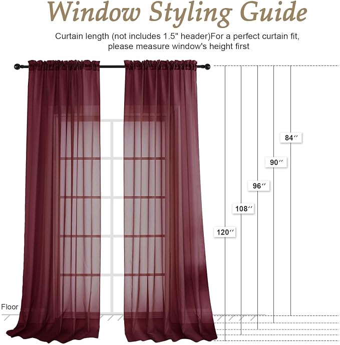 Wine Sheer Curtains 120 Inches Long 2 Panels Set, 59 Inch Extra Wide Soft Airy - Image 2