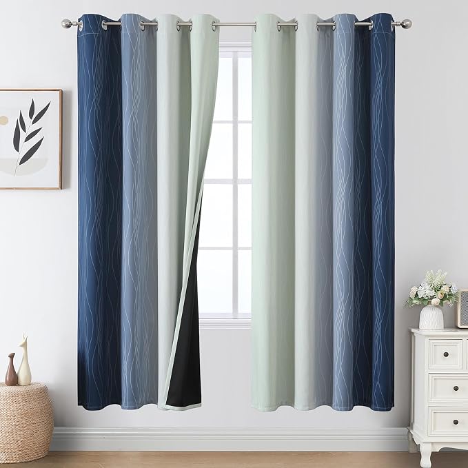 Sage Green and Navy Blue Ombre Blackout Curtains by ESTELARTEXTILER