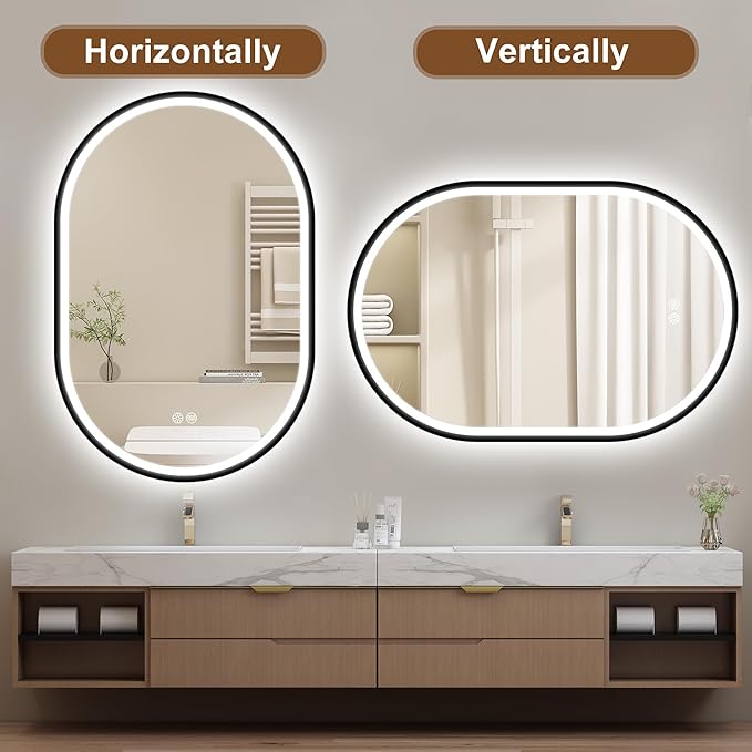 S'bagno 24x36 Oval Black LED Mirror for Bathroom with Frontlit & Backlit, LED Bathroom Mirror with Metal Frame, Anti-Fog, Stepless Dimmable, 3 Colors Temperature LED Vanity Mirror(Horizontal/Vertical)