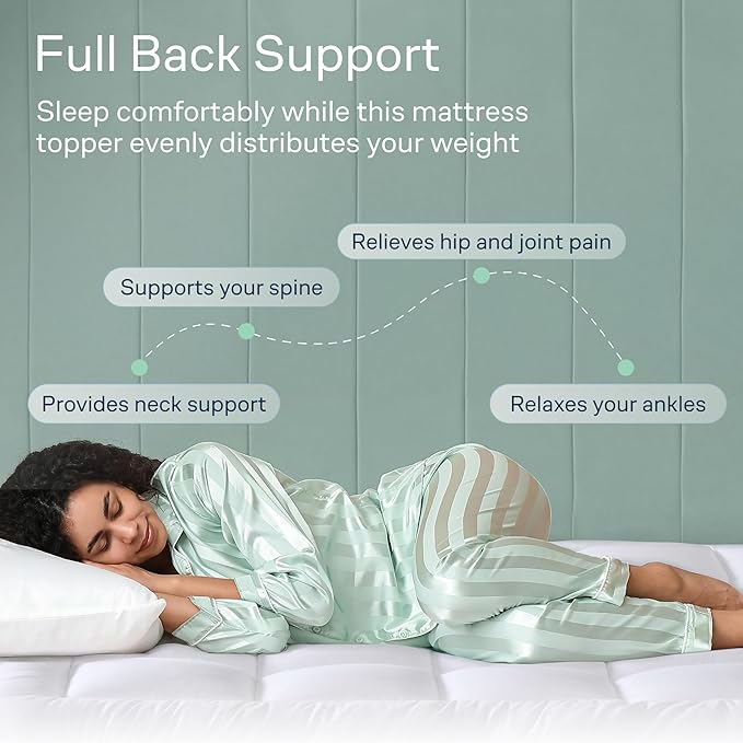 Cloud-Like Queen Mattress Topper - 100% Cotton Top Mattress Pad for Back Pain Relief - Breathable & Naturally Cooling for Hot Sleepers, White