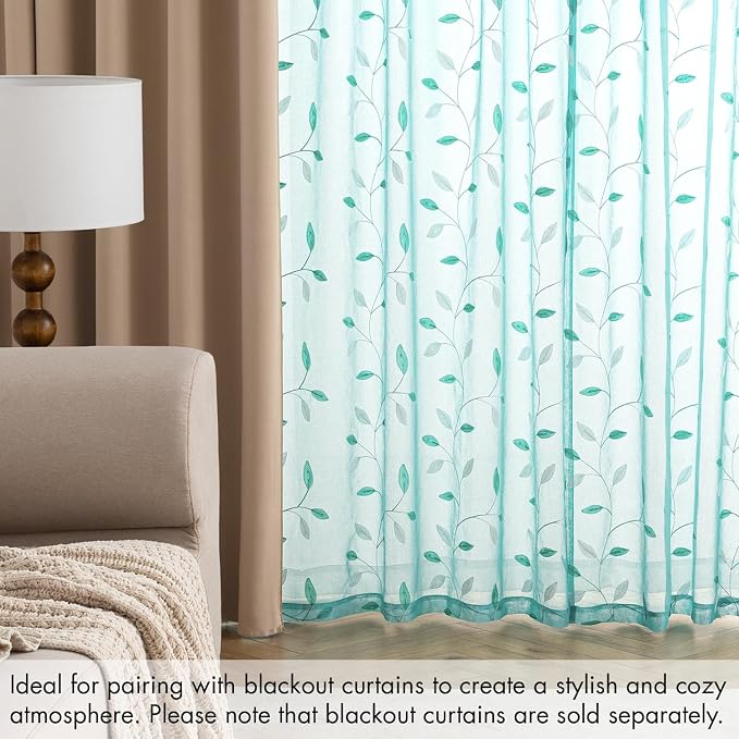 MIULEE Turquoise Sheer Curtains 2 Panels Leaf Patterned, W52 x L84 | - Image 7