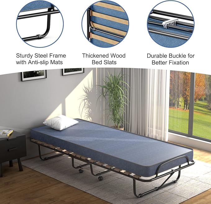 Giantex Folding Bed with Mattress for Adults, Rollaway Guest Beds w/Memory Foam Mattress & Metal Frame, Made in Italy, Cot Size Rollaway Bed, Portable Foldable Sleeper Bed for Home, 75" x 32",Blue