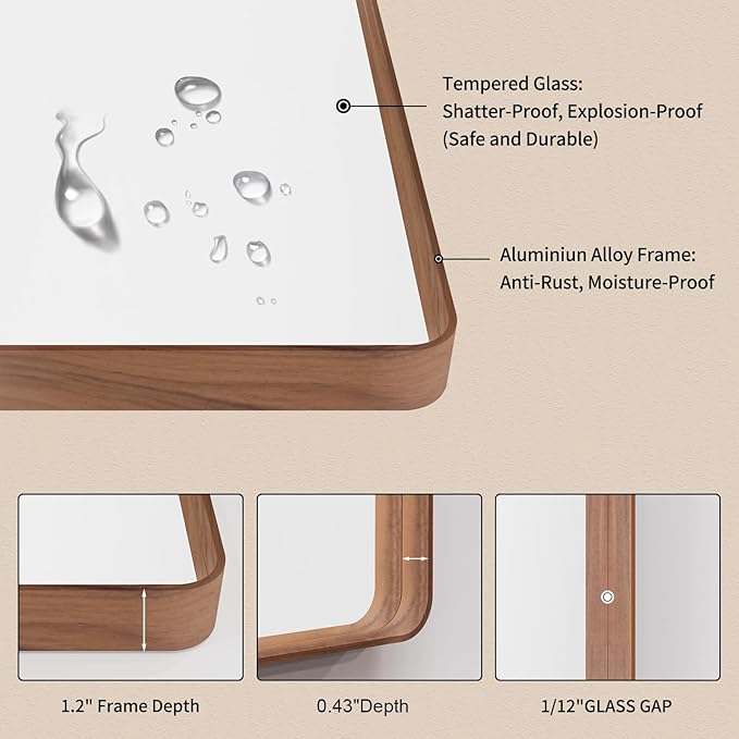 LOAAO 20X16 Inch Bathroom Mirror with Wood Grain Colored Metal Frame, Rounded Rectangle Metal Framed Bathroom Mirror, Anti-Rust, Hangs Horizontally or Vertically