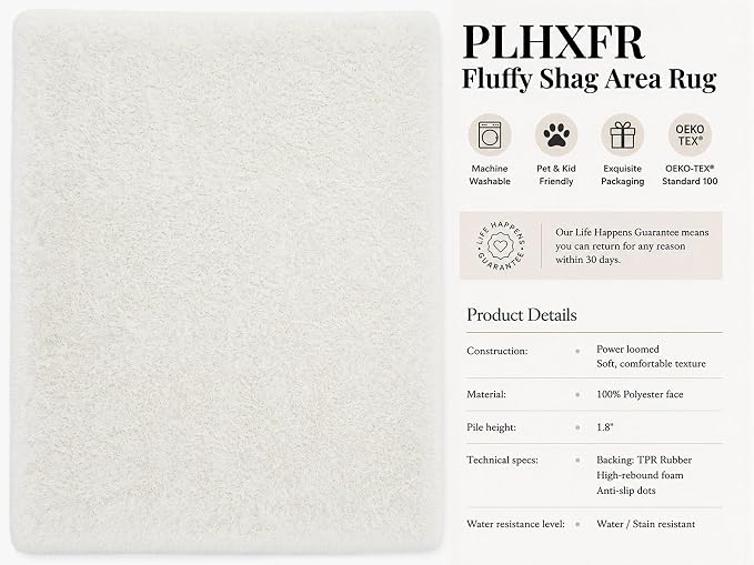 PLHXFR 9x12 Area Rugs Living Room: Fluffy Bedroom Rug Shag Carpet White | - Image 9