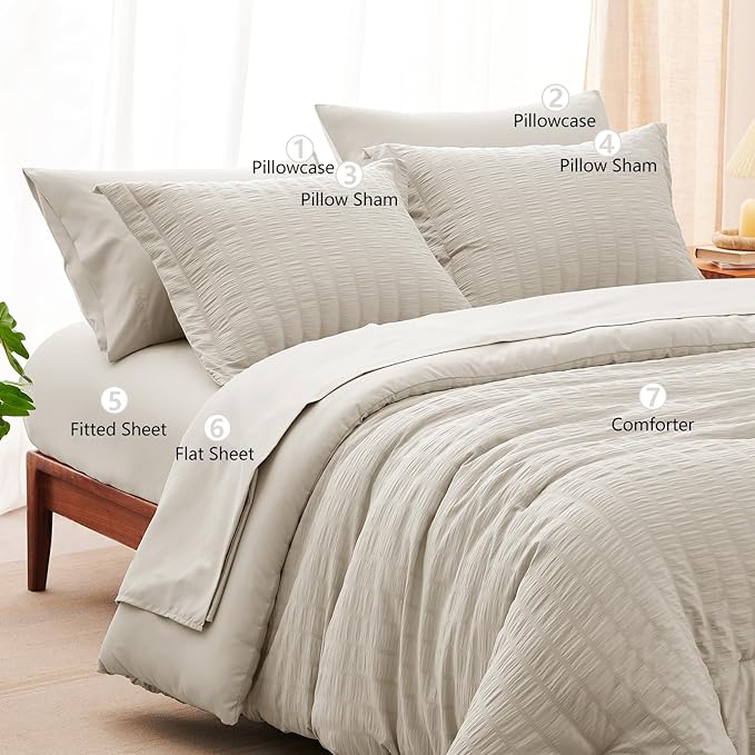CozyLux Oversized King Comforter Set Beige Seersucker 7 Pieces 120x98 Bed in a Bag Comforter Set with Sheets, Luxury Soft Bedding Sets with Down Alternative Comforter, Sheets, Pillowcases & Shams