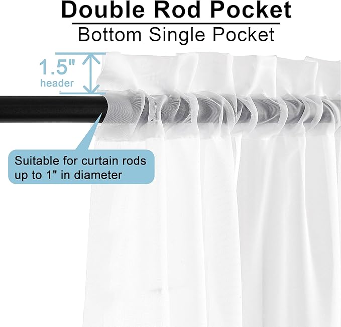 OWENIE Sheer White Curtains, Sheer Curtains 63 inch Length 2 Panels Set, Rod Pocket Voile Fimly Sheer Drapes for Living Room/Bedroom, 2pcs, Each 42" W x 63" L
